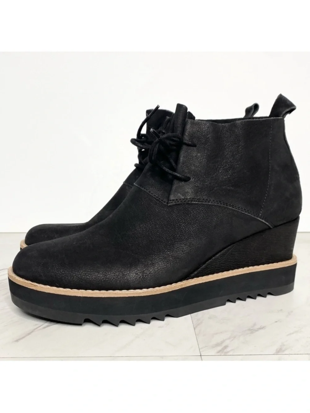 Eileen Fisher Capa Wedge Black Nubuck Lace Up Bootie 9 1/2